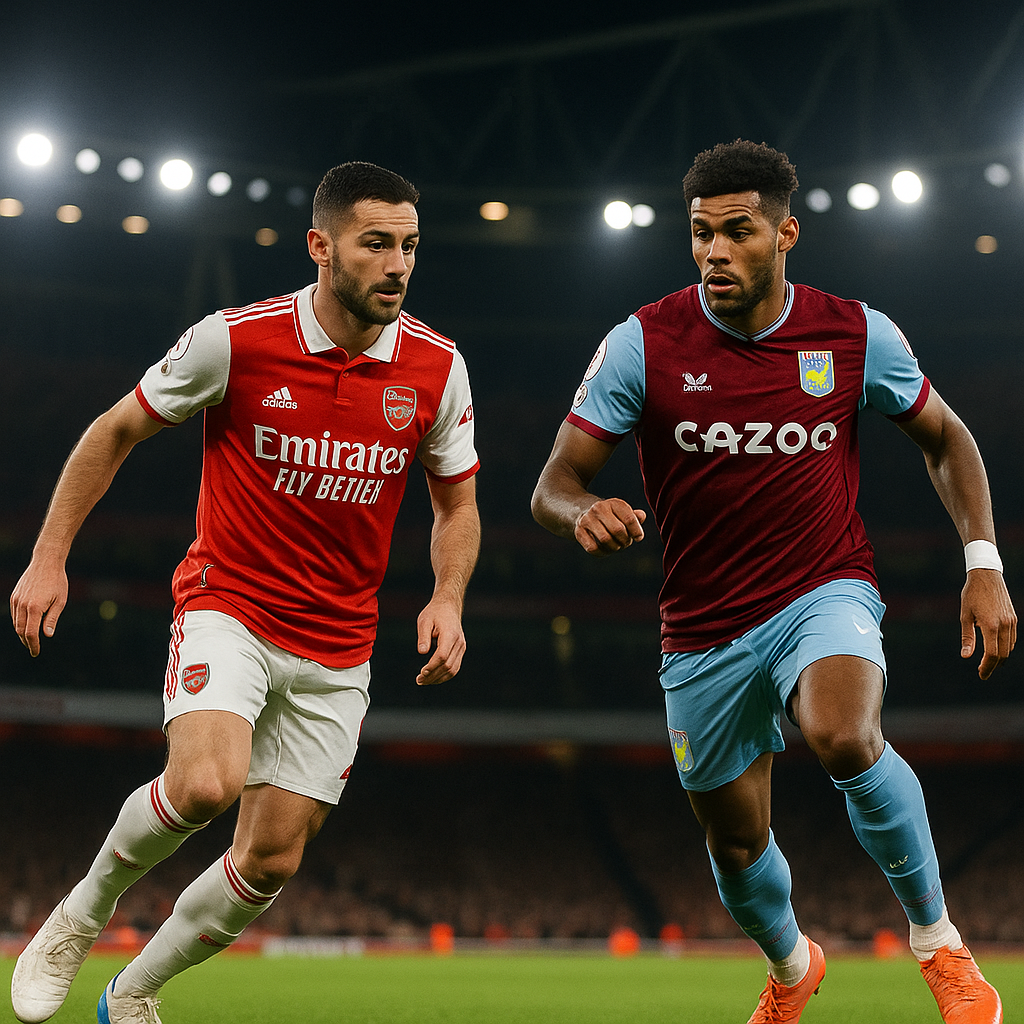 Cảnh thi đấu giữa Arsenal vs Aston Villa dưới ánh đèn rực rỡ sân Emirates, thể hiện tinh thần đối đầu và dự đoán tỉ số bóng đá.