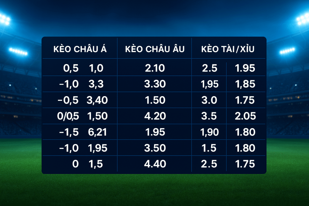 kèo bóng đá là gì? bảng hiển thị các kèo châu Á, châu Âu, Tài/Xỉu