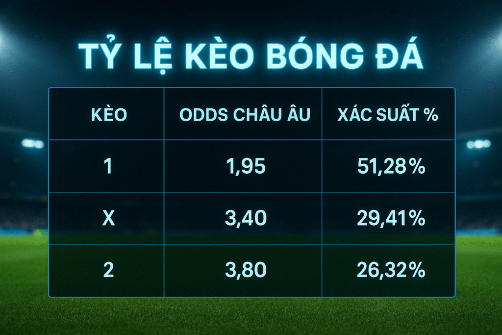 Bảng tỷ lệ kèo bóng đá hiển thị xác suất kèo châu Âu