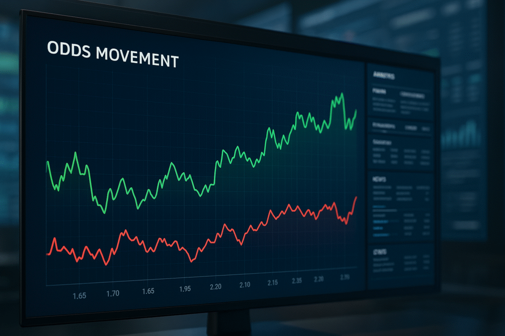 Biểu đồ biến động tỷ lệ kèo nhà cái theo thời gian, với các đường xanh đỏ thể hiện sự thay đổi odds – minh họa cho tỷ lệ nhà cái là gì và cách thị trường điều chỉnh.