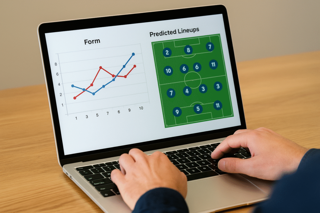 Chuyên gia bóng đá đang phân tích dữ liệu để nhận định trước trận đấu trên màn hình laptop