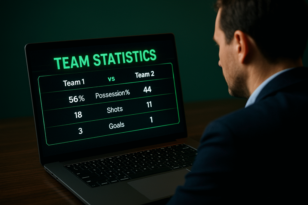 Bet thủ đang tìm hiểu cách dùng thống kê đội bóng trên màn hình laptop