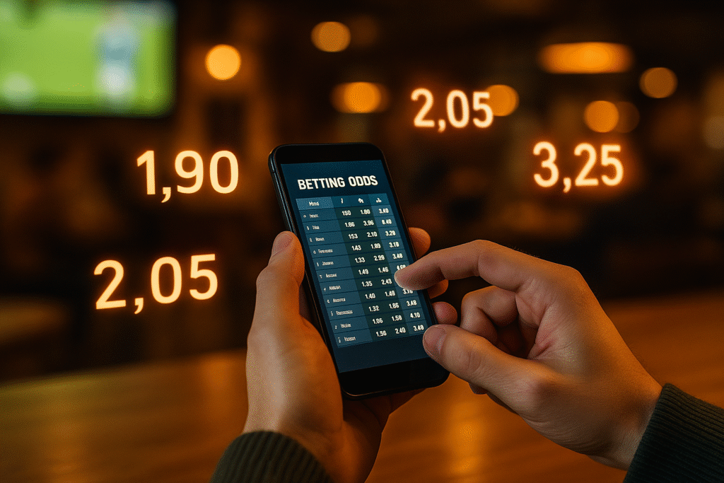 Người chơi đang tra cứu bảng tỷ lệ kèo trên điện thoại trong quán cà phê thể thao, minh họa cho khái niệm tỷ lệ nhà cái là gì và cách bet thủ theo dõi odds.
