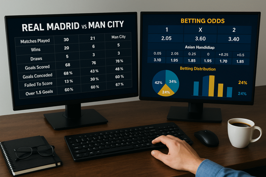 Bàn làm việc của chuyên gia đang phân tích dữ liệu Real Madrid vs Man City với hai màn hình hiển thị bảng kèo châu Á, châu Âu và biểu đồ tỷ lệ đặt cược – minh họa cho cách soi kèo trước trận đấu lớn hiệu quả