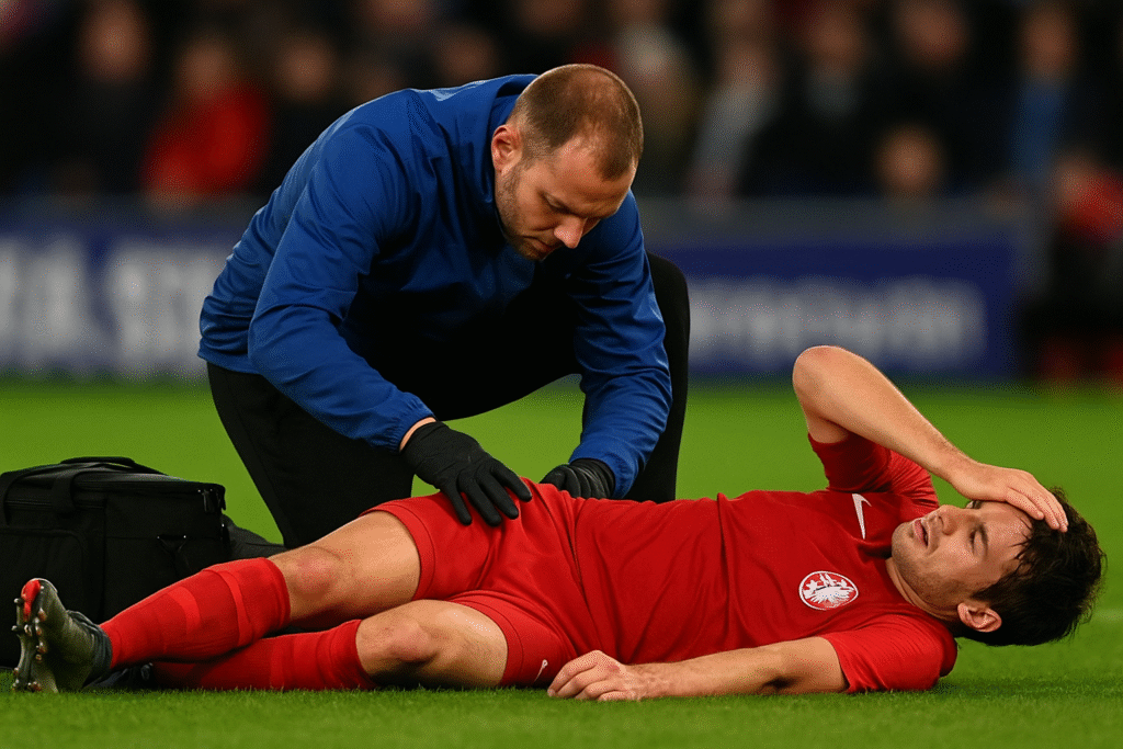 Cầu thủ chấn thương được nhân viên y tế chăm sóc